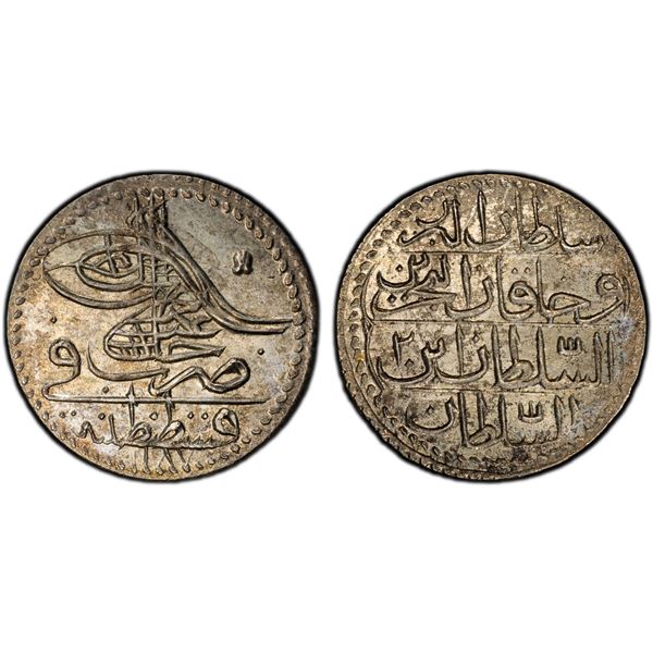 TURKEY: Abdul Hamid I, 1774-1789, AR 5 para, Kostantiniye, AH1187 year 2, PCGS MS65