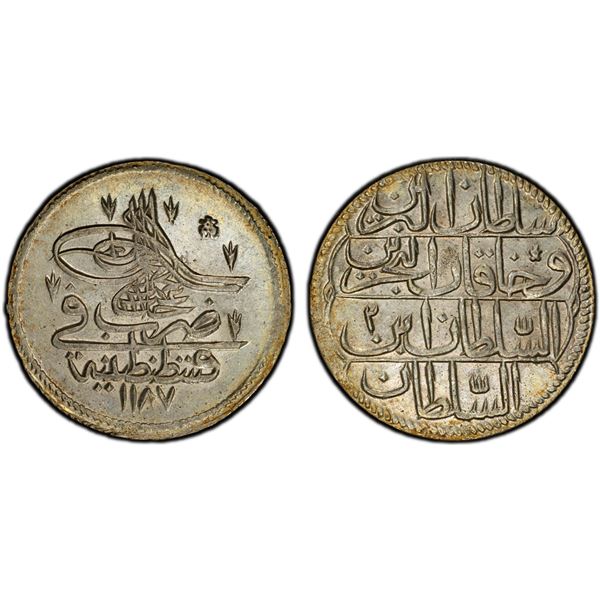 TURKEY: Abdul Hamid I, 1774-1789, AR kurush, Kostantiniye, AH1187 year 2, PCGS MS63