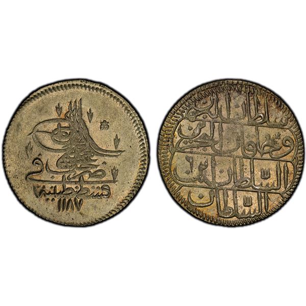 TURKEY: Abdul Hamid I, 1774-1789, AR kurush, Kostantiniye, AH1187 year 6, PCGS MS63