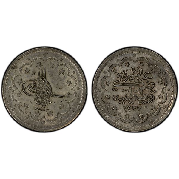 TURKEY: Abdul Aziz, 1861-1876, AR 5 kurush, Kostantiniye, AH1277 year 1, PCGS MS64
