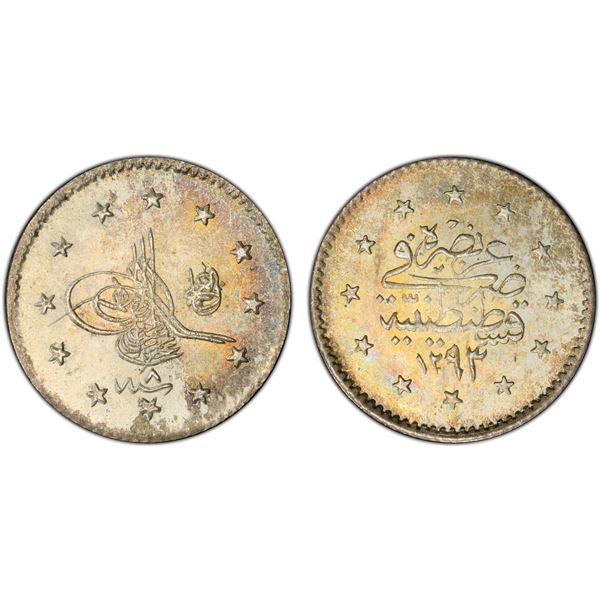 TURKEY: Abdul Hamid II, 1876-1909, AR kurush, Kostantiniye, AH1293 year 8 (1883), PCGS MS66