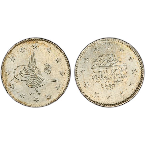TURKEY: Abdul Hamid II, 1876-1909, AR 2 kurush, Kostantiniye, AH1293 year 8 (1883), PCGS MS66