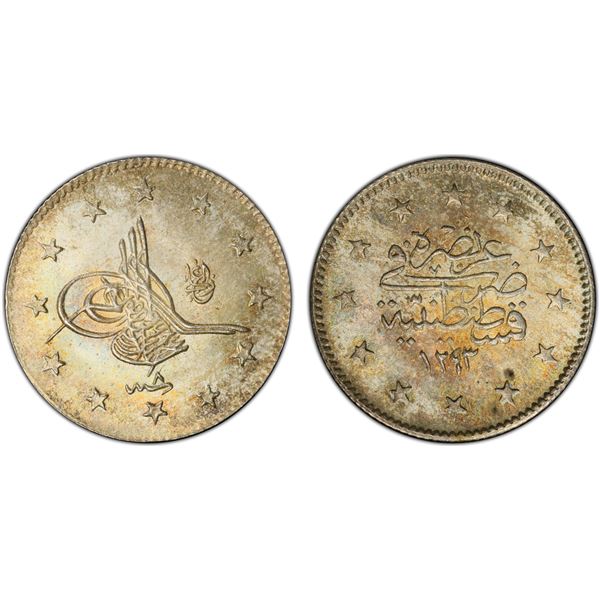 TURKEY: Abdul Hamid II, 1876-1909, AR 2 kurush, Kostantiniye, AH1293 year 8 (1883), PCGS MS66