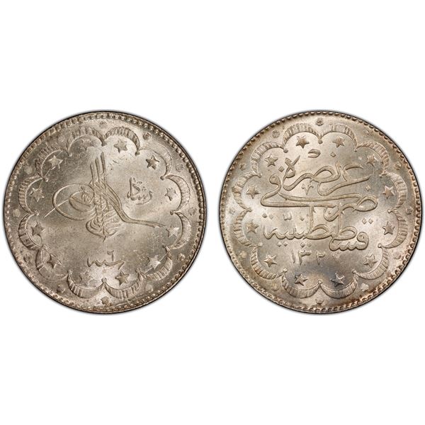 TURKEY: Mehmet V, 1909-1918, AR 10 kurush, AH1327 year 6, PCGS MS64