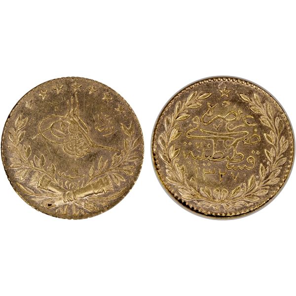 TURKEY: Mehmet V, 1909-1918, AV 25 kurush, AH1327 year 6, NGC MS63