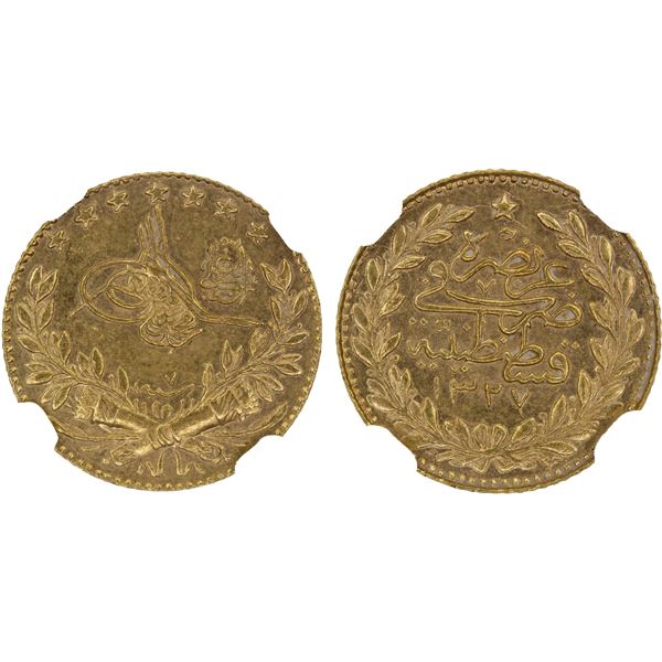 TURKEY: Mehmet V, 1909-1918, AV 25 kurush, AH1327 year 7, NGC MS62