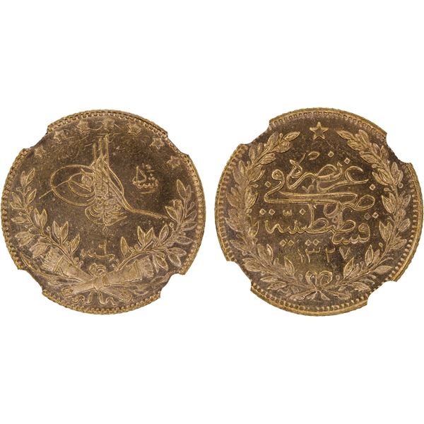 TURKEY: Mehmet V, 1909-1918, AV 50 kurush, AH1327 year 6, NGC MS65