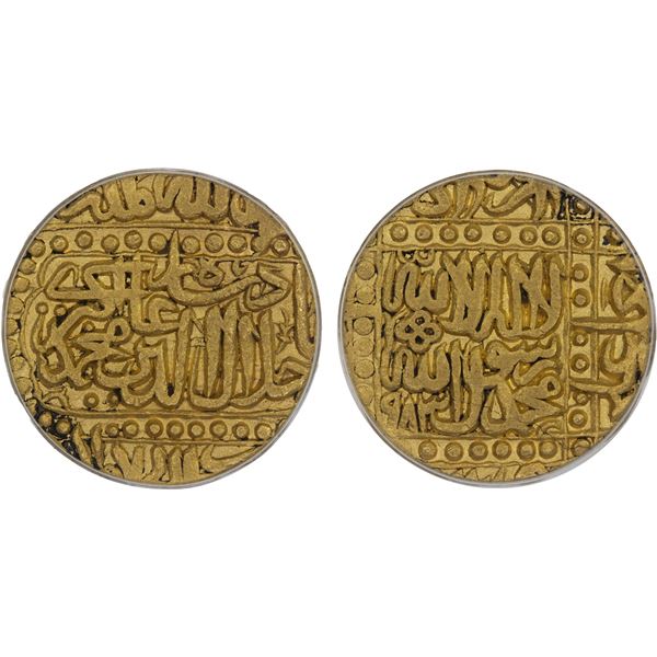 MUGHAL: Akbar I, 1556-1605, AV mohur, Ahmadabad, AH983, ANACS EF45