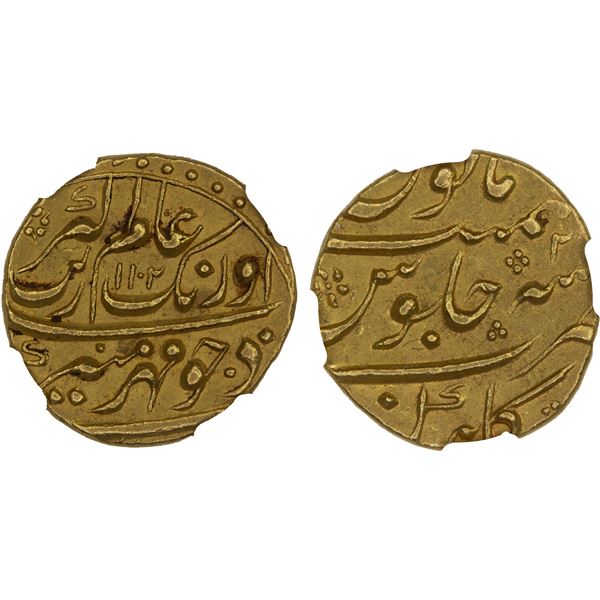 MUGHAL: Aurangzeb, 1658-1707, AV mohur, Gulbarga (Kulbarga), AH1102 year 3x, NGC AU55