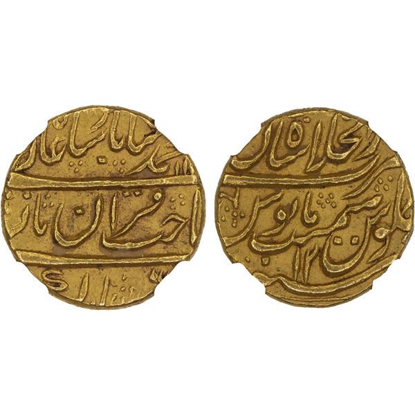 MUGHAL: Muhammad Shah, 1719-1748, AV mohur, Surat, year 12, NGC MS62