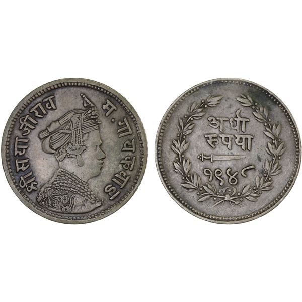 BARODA: Sayaji Rao III, 1875-1938, AR 1/2 rupee, VS1948, VF