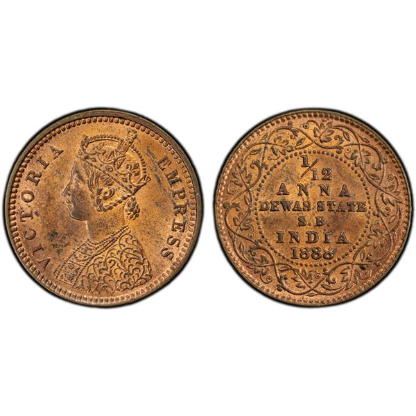DEWAS SENIOR BRANCH: Victoria, Empress, 1876-1901, AE 1/12 anna, 1888(c), PCGS MS64 RB