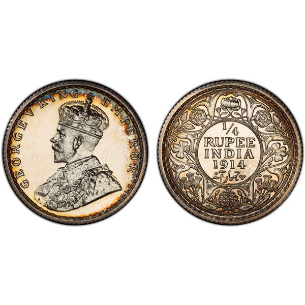 BRITISH INDIA: George V, 1910-1936, AR 1/4 rupee, 1914(b), PCGS Proof 64