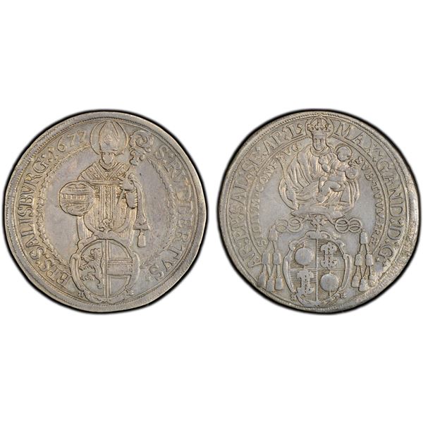 AUSTRIA: SALZBURG: Maximilian Gandolph, 1668-1687, AR thaler, 1677, PCGS AU55