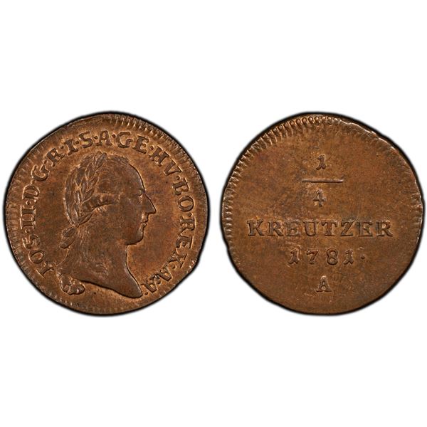 AUSTRIA: Joseph II, 1780-1790, AE 1/4 kreuzer, Vienna, 1781, PCGS MS63 RB