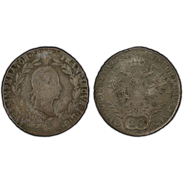 AUSTRIA: Francis I, 1804-1835, AR 20 kreuzer, 1829-B, PCGS MS62