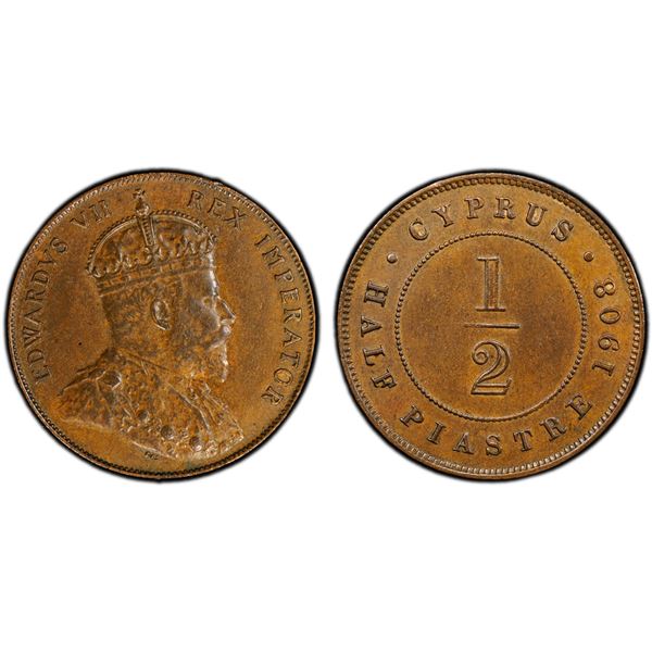 CYPRUS: Edward VII, 1901-1910, AE 1/2 piastre, 1908, PCGS AU58