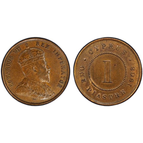 CYPRUS: Edward VII, 1901-1910, AE piastre, 1908, PCGS AU58