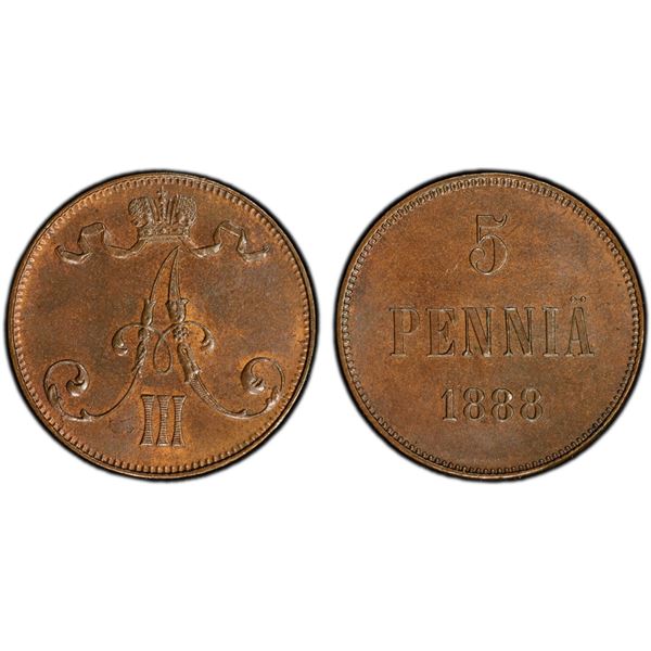 FINLAND: Alexander III, Grand Duke, 1881-1894, AE 5 penniä, 1888, PCGS MS63 BN
