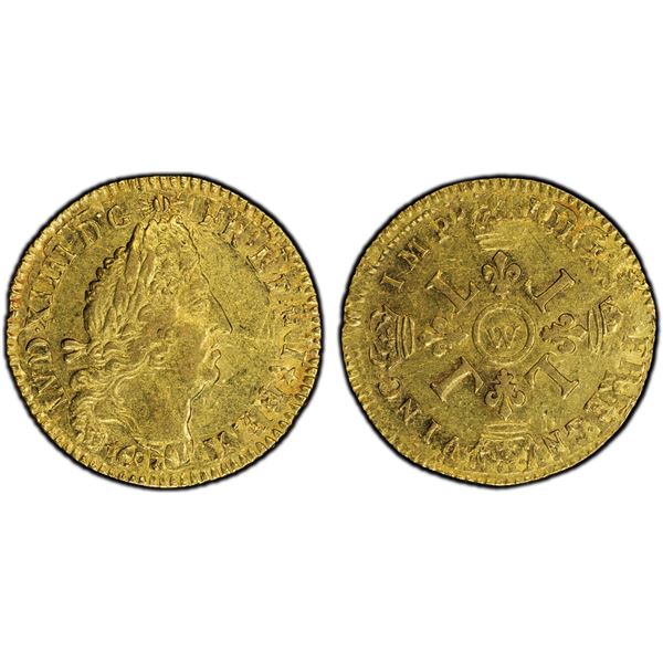 FRANCE: Louis XIV, 1643-1715, AV louis d'or aux 4 L, Lille, 1693-W, PCGS AU53