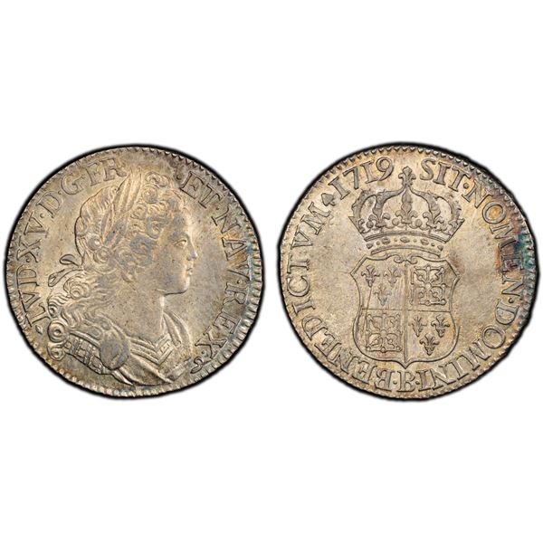 FRANCE: Louis XV, 1715-1774, AR écu de France-Navarre, Rouen, 1719-B, PCGS MS63