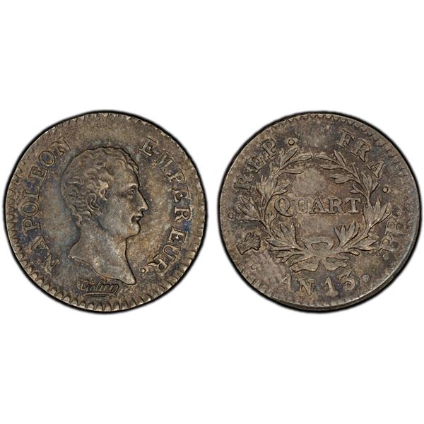 FRANCE: Napoleon I, Emperor, 1804-1814, 1815, AR 1/4 franc, Strasbourg, AN 13 (1804-05)-BB, PCGS AU5