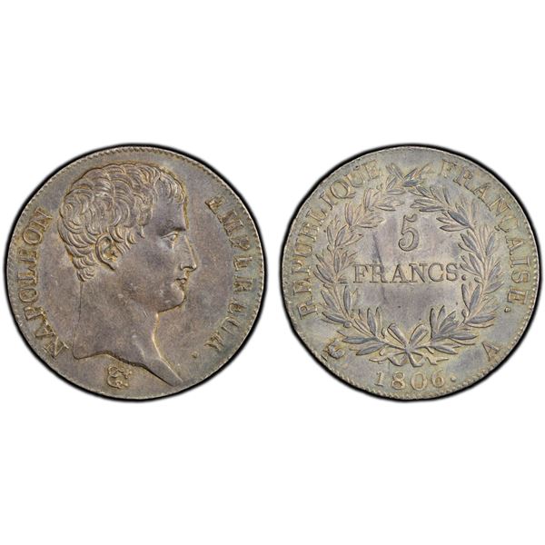FRANCE: Napoleon I, Emperor, 1804-1814, 1815, AR 5 francs, Paris, 1806-A, PCGS MS62