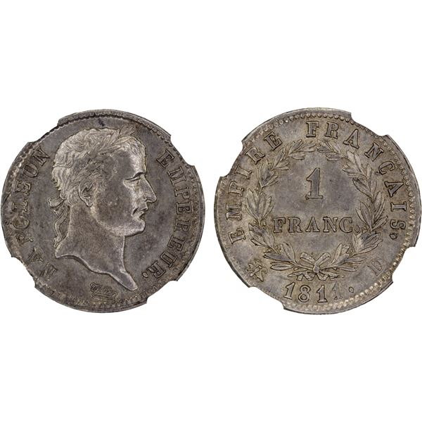 FRANCE: Napoleon I, Emperor, 1804-1814, 1815, AR franc, Lyon, 1811-D, NGC AU58