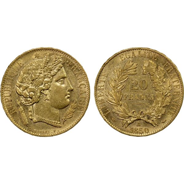 FRANCE: Second Republic, AV 20 francs, 1850-A, Choice XF