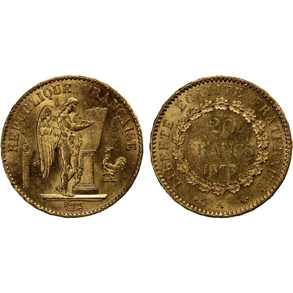 FRANCE: Republic, AV 20 francs, 1876-A, Unc