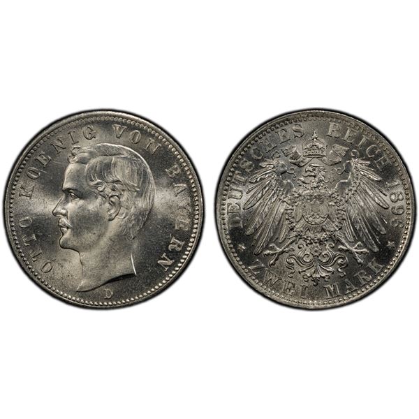 BAVARIA: Otto, 1886-1913, AR 2 mark, 1896-D, PCGS MS63