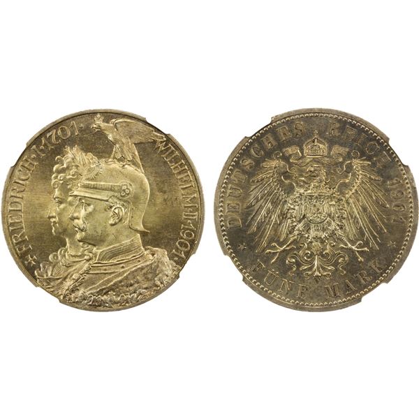 PRUSSIA: Wilhelm II, 1888-1918, AR 5 mark, 1901-A, NGC MS65