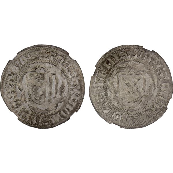 SAXONY: Ernst and Albrecht, 1464-1485, AR 1/2 schwertgroschen (2.14g), Zwickau-Schneeberg, 1482, NGC