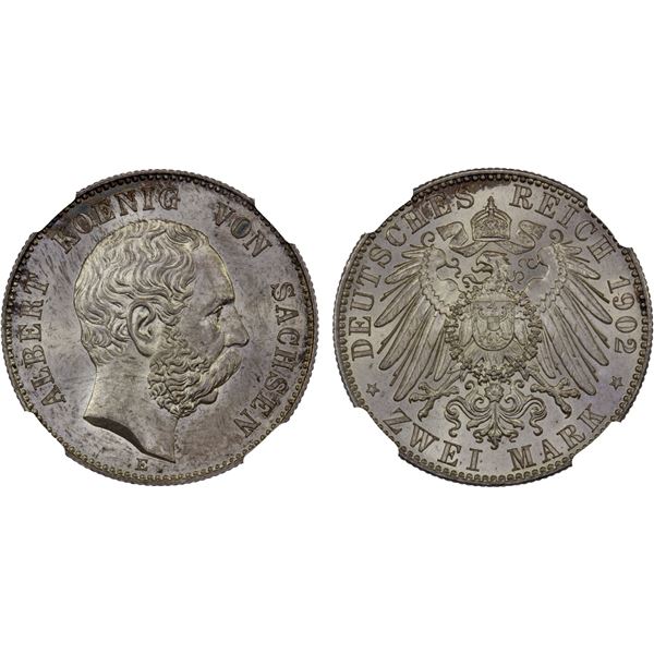 SAXONY: Albert, 1873-1902, AR 2 mark, Muldenhutten, 1902-E, NGC MS66