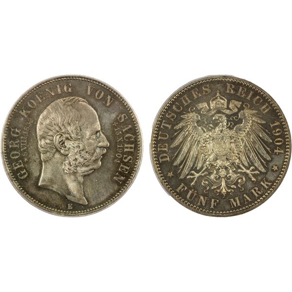 SAXONY: Friedrich August III, 1904-1918, AR 5 mark, Muldenhutten, 1904-E, PCGS MS66