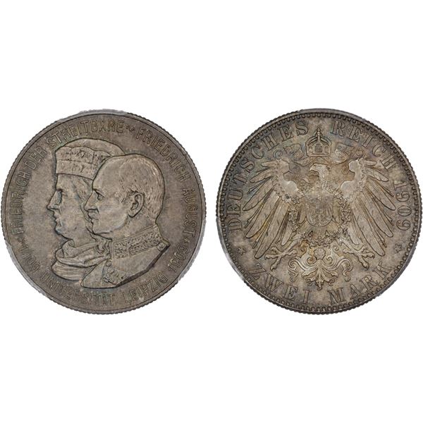SAXONY: Friedrich August III, 1904-1918, AR 2 mark, 1909, PCGS MS67