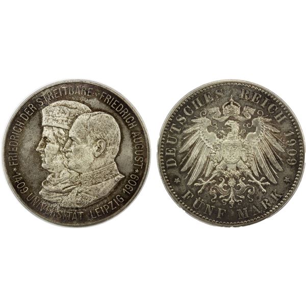 SAXONY: Friedrich August III, 1904-1918, AR 5 mark, 1909, PCGS MS66