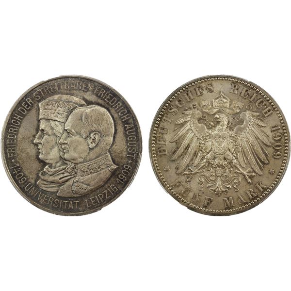SAXONY: Friedrich August III, 1904-1918, AR 5 mark, 1909, PCGS MS66