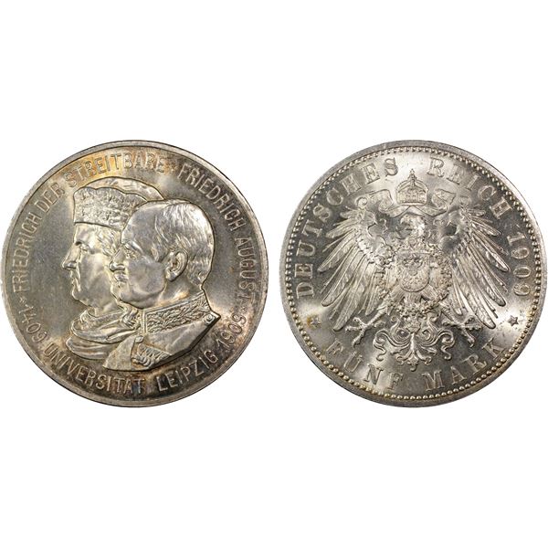 SAXONY: Friedrich August III, 1904-1918, AR 5 mark, 1909, PCGS MS66