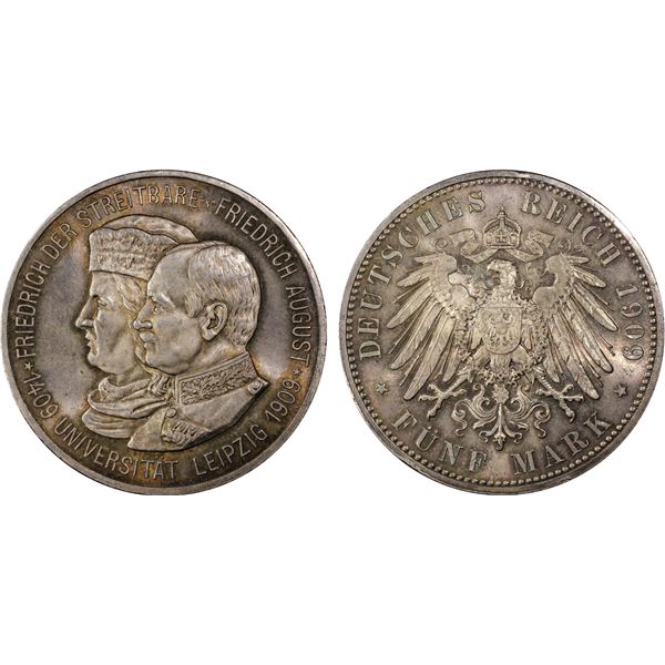 SAXONY: Friedrich August III, 1904-1918, AR 5 mark, 1909, PCGS MS66