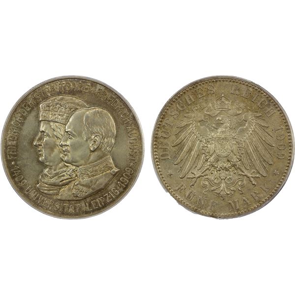 SAXONY: Friedrich August III, 1904-1918, AR 5 mark, 1909, PCGS MS65