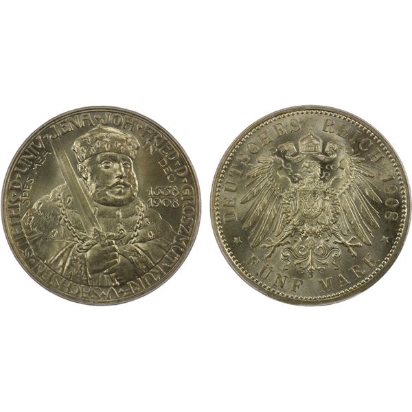 SAXE-WEIMAR-EISENACH: Wilhelm Ernst, 1901-1918, AR 5 mark, 1908, PCGS MS66 +