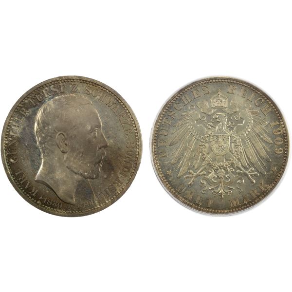 SCHWARZBURG-SONDERSHAUSEN: Karl Günther, 1880-1909, AR 3 mark, Berlin, 1909-A, PCGS Proof 65
