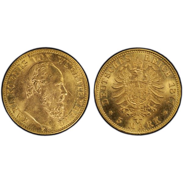 WÜRTTEMBERG: Friedrich I, 1856-1907, AV 5 mark, 1877-F, PCGS MS67