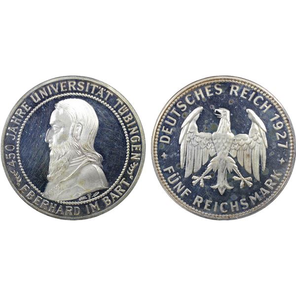 GERMANY: Weimar Republic, AR 5 reichsmark, Stuttgart, 1927-F, PCGS Proof 63 +DCAM