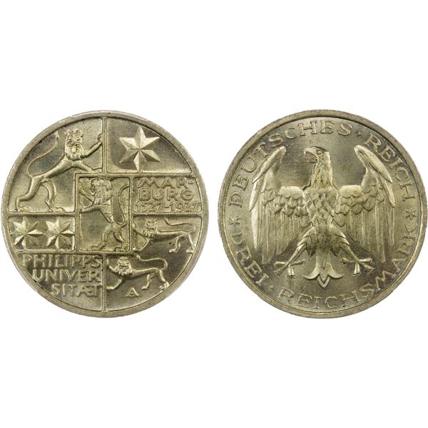 GERMANY: Weimar Republic, AR 3 reichsmark, Berlin, 1927-A, PCGS MS66 +