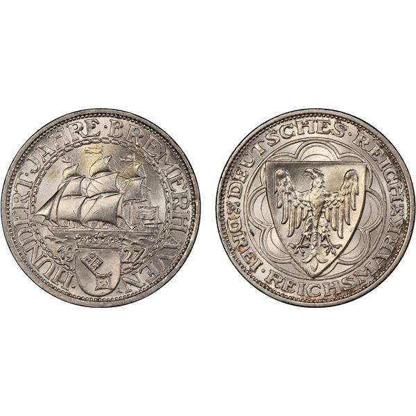 GERMANY: Weimar Republic, AR 3 reichsmark, Berlin, 1927-A, PCGS MS66