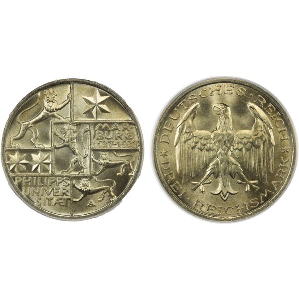 GERMANY: Weimar Republic, AR 3 reichsmark, Berlin, 1927-A, PCGS MS66