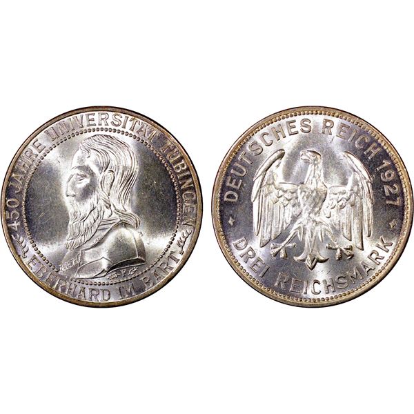 GERMANY: Weimar Republic, AR 3 reichsmark, Stuttgart, 1927-F, PCGS MS65