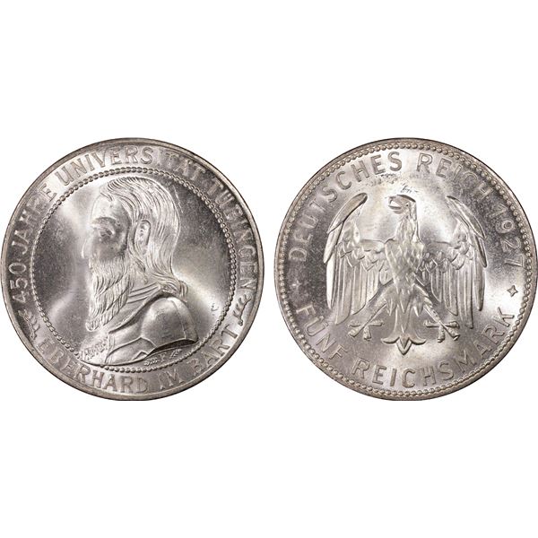 GERMANY: Weimar Republic, AR 5 reichsmark, Stuttgart, 1927-F, PCGS MS64 +